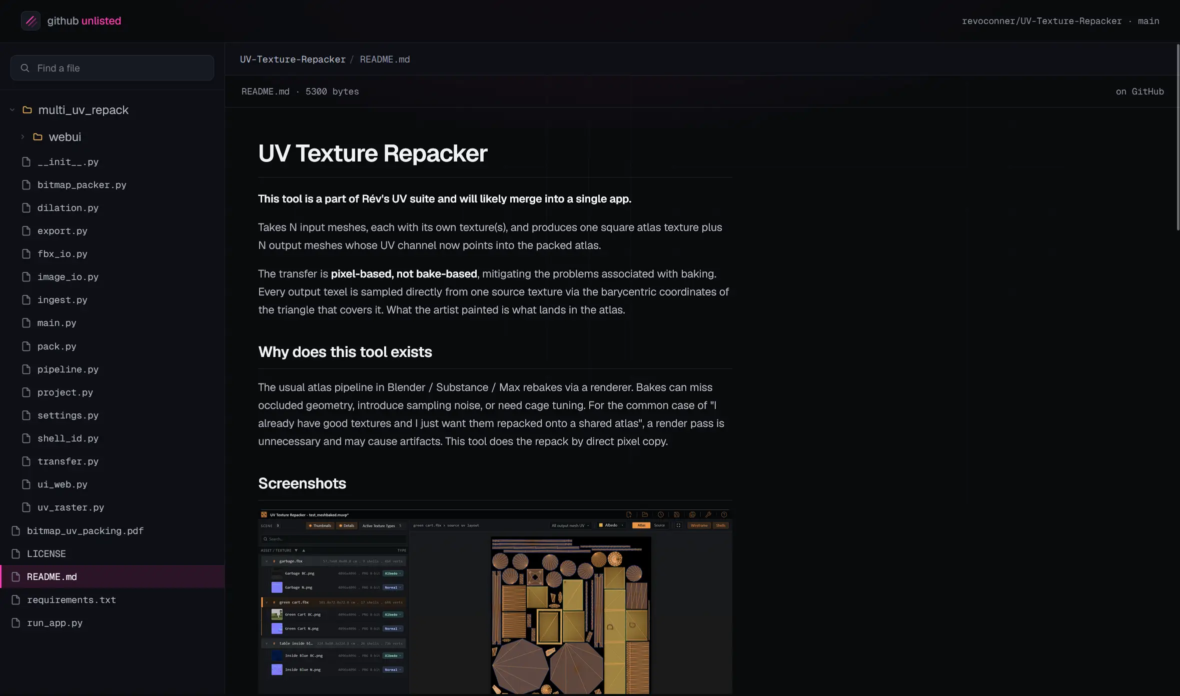 The github-unlisted read-only viewer — project file tree, filename search, and rendered markdown for a shared private repo.